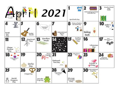 April is known for the lovely sunny weather, the start of spring and right about the time when the enjoy the benefits of this feeling of happiness and get a blank april 2021 calendar so you can feel. April 2021 Quirky Holidays and Unusual Celebrations ...