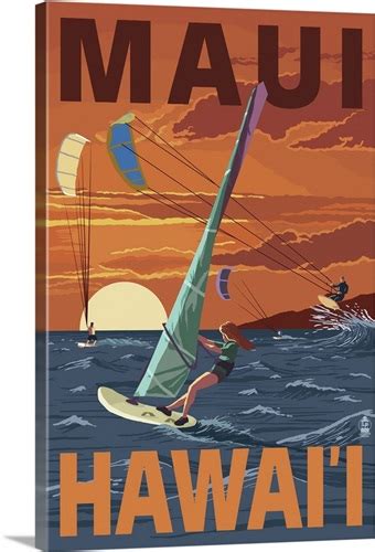 Maui Hawaii Windsurfers Scene At Sunset Retro Travel Poster Wall