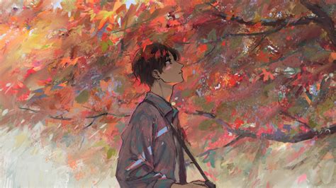 Download Anime Boy Autumn Tree Artwork Wallpaper