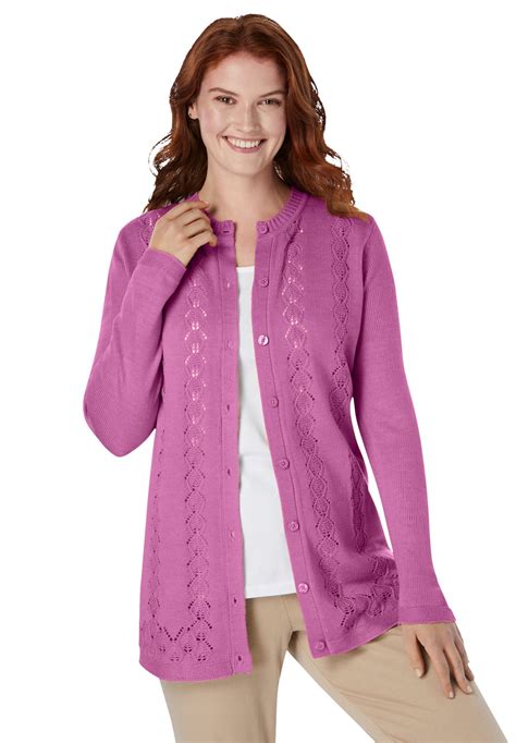 Woman Within Womens Plus Size Long Sleeve Pointelle Cardigan Sweater