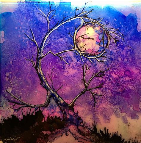 Full Moon Tree Painting Alcohol Ink Art Alcohol Ink Painting Moon