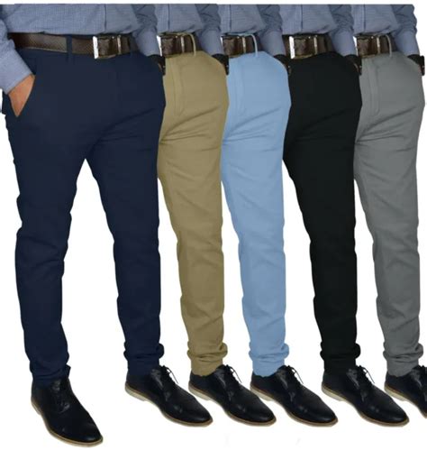 Mens Slim Fit Stretch Chino Trousers Casual Flat Front Flex Classic