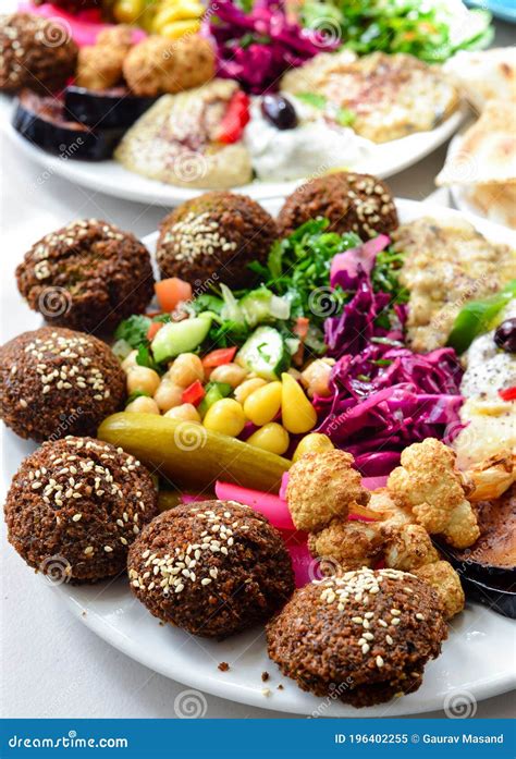 Falafel Platter With Hummus Salad And Pita Bread Stock Image Image Of