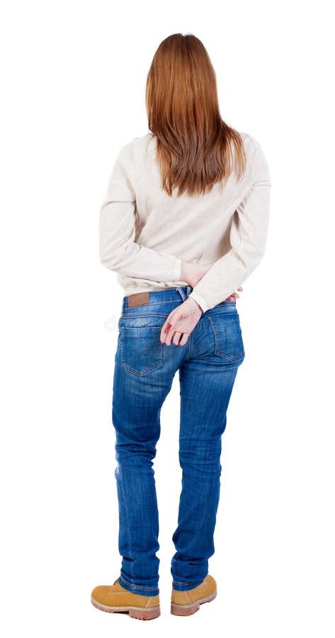 Back View Of Standing Young Beautiful Woman In Jeans Stock Image