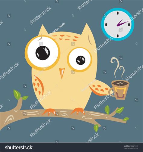 Owl Drinking Coffee And Cant Sleep Vector Flat Style Illustration