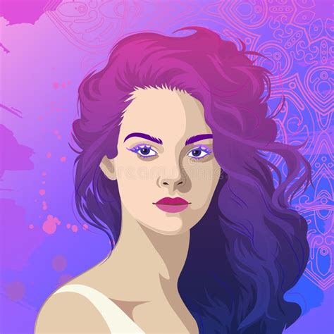 Portrait Of A Beautiful Girl With Loose Purple Dyed Hair Stock Vector