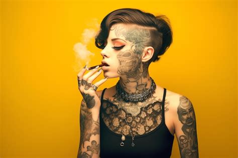 Женщина с татуировками на лице курит сигарету Премиум Фото