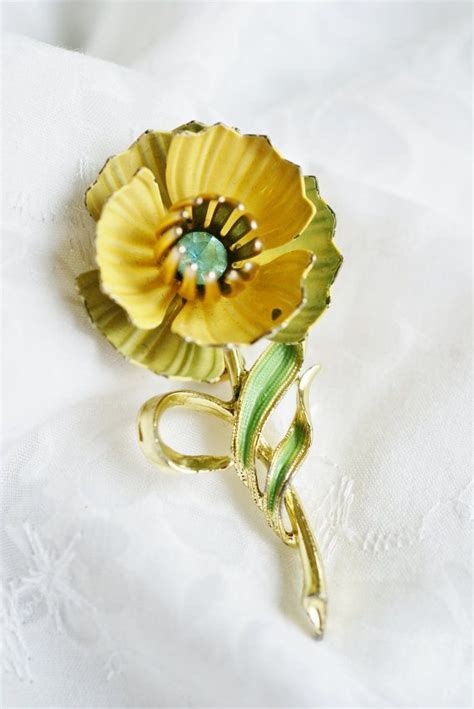 Vintage Enamel Flower Brooch Pin Two Rows Of Petals Gold Etsy