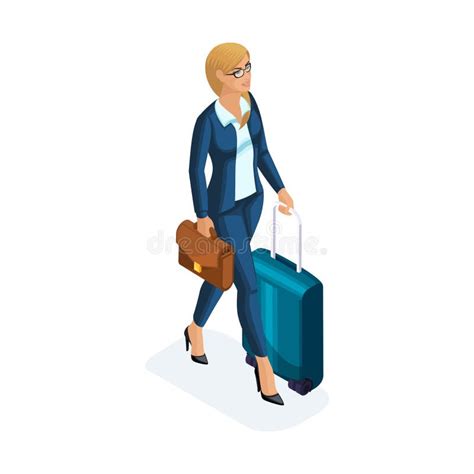 Isometric Of A Beautiful Woman On A Business Trip Comes With Her Luggage At The Airport A