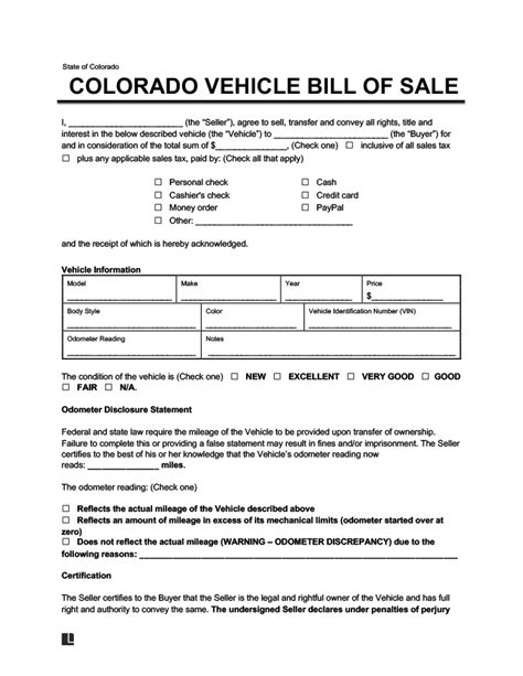Free Colorado Bill Of Sale Forms Pdf And Word