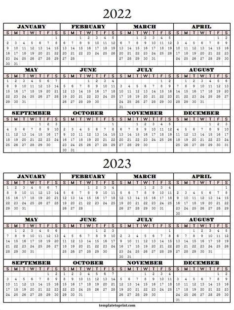 Blank 2022 2023 Calendar Printable Free Yearly Calendar Template
