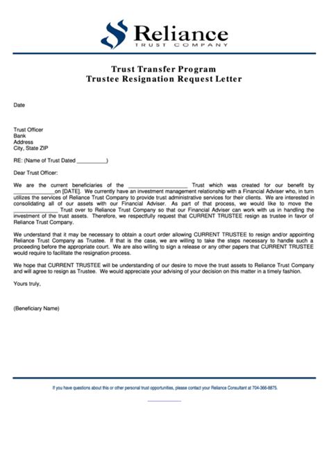trustee resignation request letter template printable