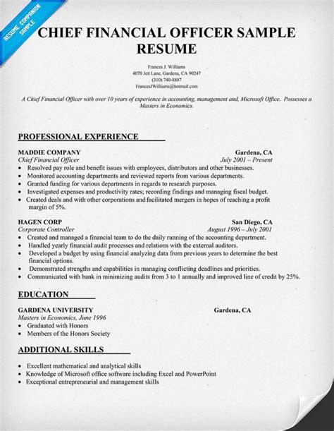 May 06, 2016 · a new email arrives in your inbox and you see it's from one of your former employees. Chief Financial Officer Resume Sample | Job resume samples ...