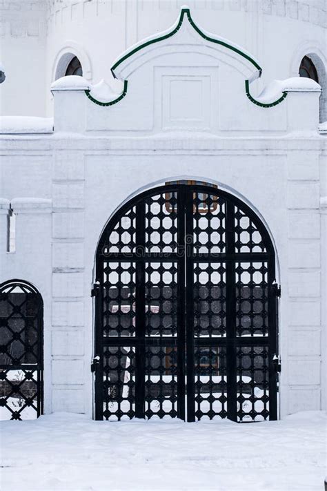 Beautiful Facade Of A White Church In Winter Church Entrance Stock