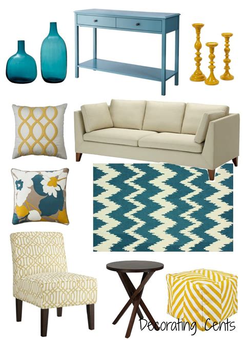 Single teal blue armchair and colorful chevron pattern rug. Decorating Cents: Yellow and Teal | Decor en 2019 | Teal ...