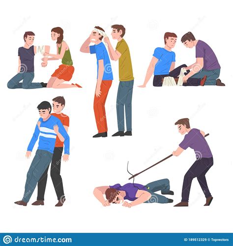 Emergency First Aid Procedures Set People Helping Victim Persons