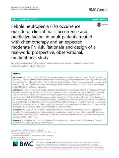 Pdf Febrile Neutropenia Fn Occurrence Outside Of Clinical Trials