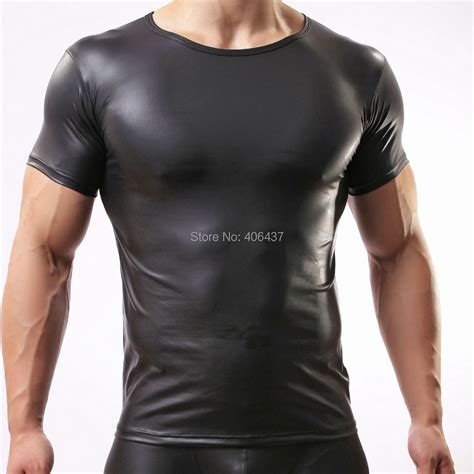 Men Sexy Vest Faux Leather Solid Color Black Male Short Sleeve Shirts