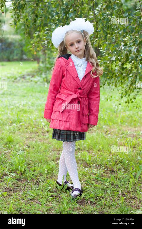Schoolgirl Girl School Training Education Nature Wood Park Square Knowledge Day Bow Jacket Red