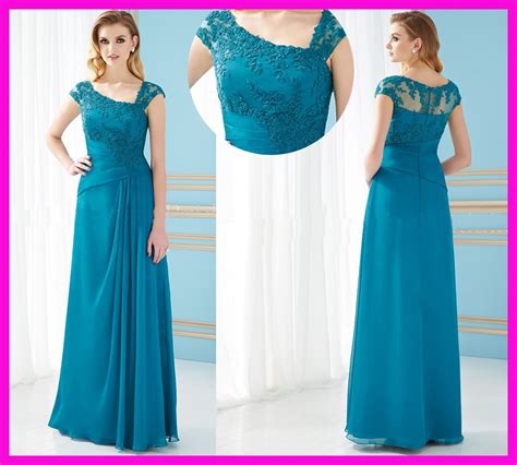 Turquoise Cap Sleeve Appliqued Lace Long Chiffon Mother Of The Bride