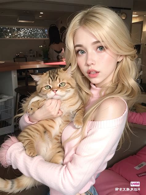 ピンクのセーターを着て猫を腕に抱くブロンドの女の子 とても美しいかわいい猫の女の子 魅力的な猫の女の子 小さな猫を膝の上に乗せて 彼の側には猫がいる seaart ai