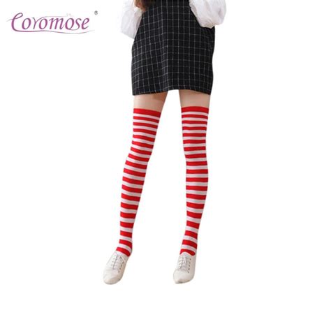 Coromose Girl Christmas Long Socks Sexy Woman Red Black Stripe Knees