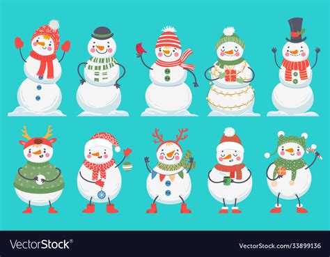 Snowman Cute Christmas Snowmen In Winter Clothes Vector Image