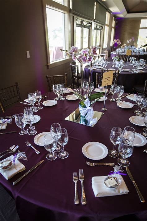 Plum Tablecloth Linens And Dinnerware Orchid Centerpieces Wedding Potted Orchid Centerpiece