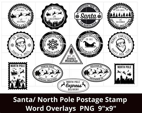 Santa Postage Stamp Printable And Digital Overlay Word Art Png Etsy