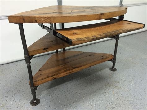 Reclaimed Wood Corner Table Desk Solid Oak W Black Iron Pipe