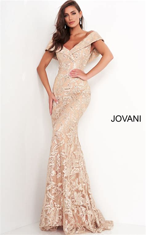 Jovani 02923 Gold Embellished Lace Fitted Dress