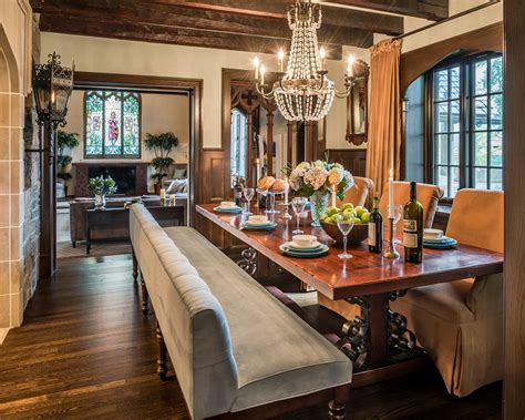 Tudor Style Dining Room With Dark Wood Details And Crystal Chandelier