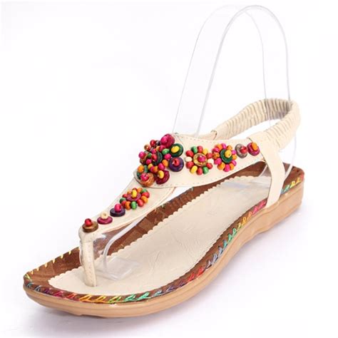 Bohemian Women Sandals Gemstone Beaded Slippers Strappy Flip Flop Flat