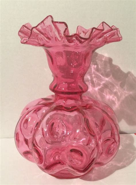 Art Glass By Fenton Double Ruffle Cranberry Coin Dot Vase Etsy Fenton Glass Art Vintage Vases