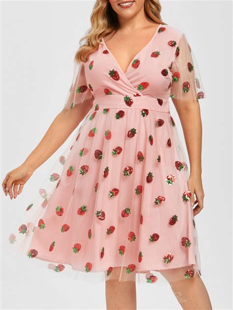 Plus Size Mesh Strawberry Sequin Surplice Plunge Dress 40 Off Rosegal