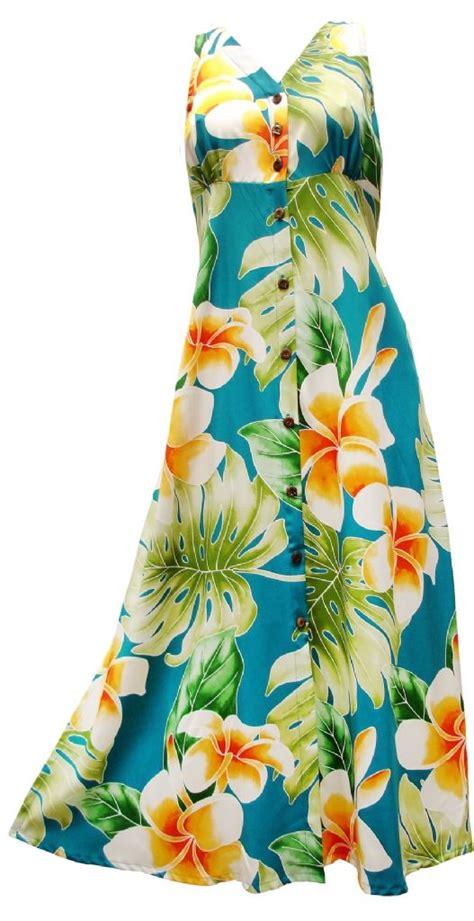 Plumeria Paradise Hawaiian Print Long Tank Dress Button Front Jade