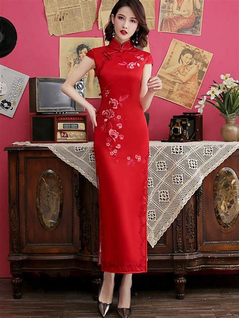 Red Embroidered Maxi Wedding Qipao Cheongsam Dress Cozyladywear