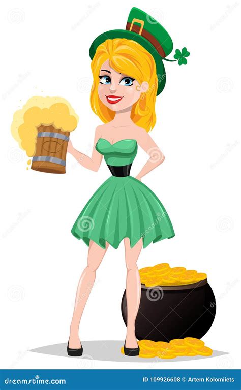 Cute Lady In Leprechaun Costume Standing Near Pot With Gold And Stock