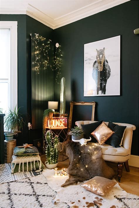 Dark Green Blue Lounge Eclectic Maximalist Dark Green Living Room
