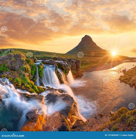 Beautiful Landscape With Sunrise On Kirkjufellsfoss Waterfall And