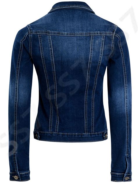 Womens Fitted Denim Jacket Stretch Indigo Blue Jean Jackets Size 8 10 12 14 Ebay