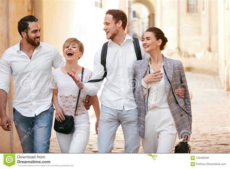 Happy People Friends Walking On Street Stock Photo Image Of Leisure