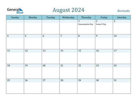 Bermuda August 2024 Calendar With Holidays