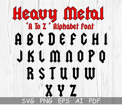 The Font And Numbers For Heavy Metal Is Displayed On A White Wooden