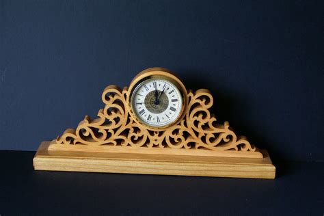 Fretwork Ornate Wood Mantel Clock Scroll Saw Cut