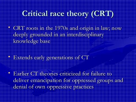 Critical race theory (crt) is a theoretical framework or set of perspectives by which structural and institutional racism may be examined. Ethical Responsibilities in Evaluations with Diverse ...