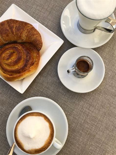 Typical Italian Breakfast With Espresso Coffee And Cappuccino Stock