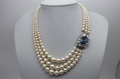 Beautiful Faux Three Strand Pearl Necklace With Blue Stone And Etsy