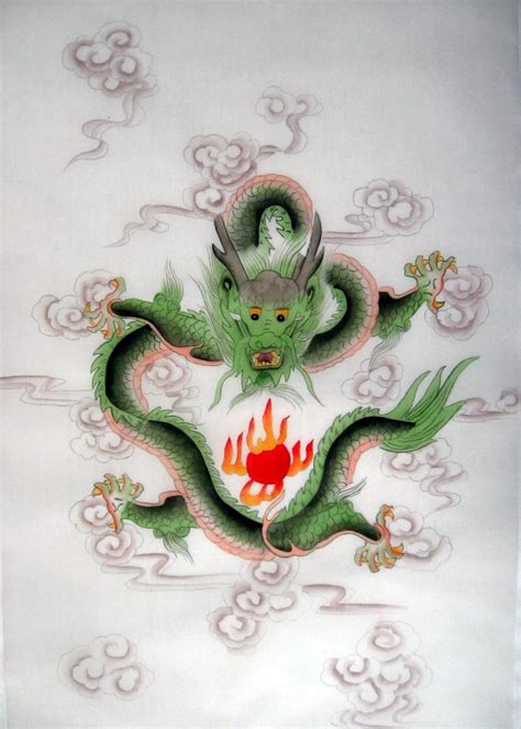 Chinese Green Dragon Silk Hand Painting