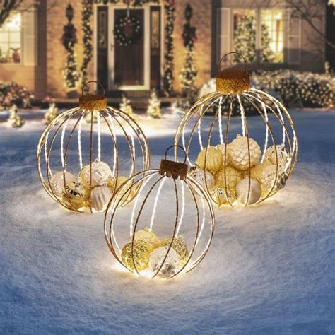 Christmas Golden Ornaments 3pc Jumbo Pre Lit Spheres Holiday Outdoor